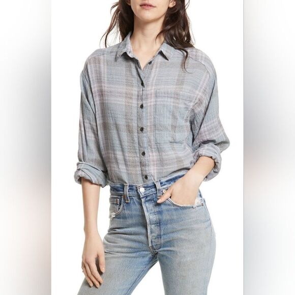 Free People Cutie Purple And Blue Plaid Button Down Shirt Medium - Picture 1 of 10